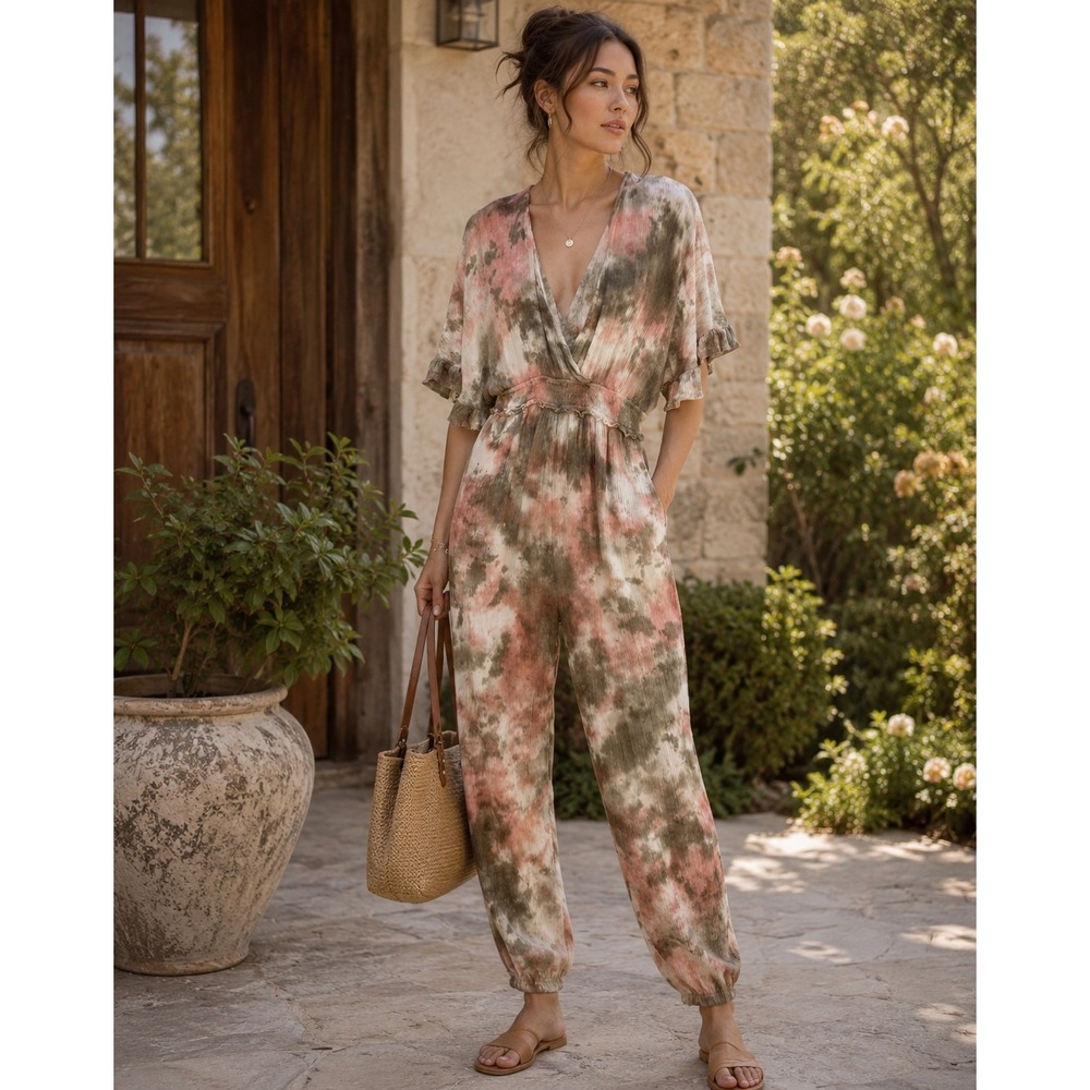 Storia Boho Tie Dye Dolman V Neck Jumpsuit Size M Wide‎ Leg Festival Resort Chic